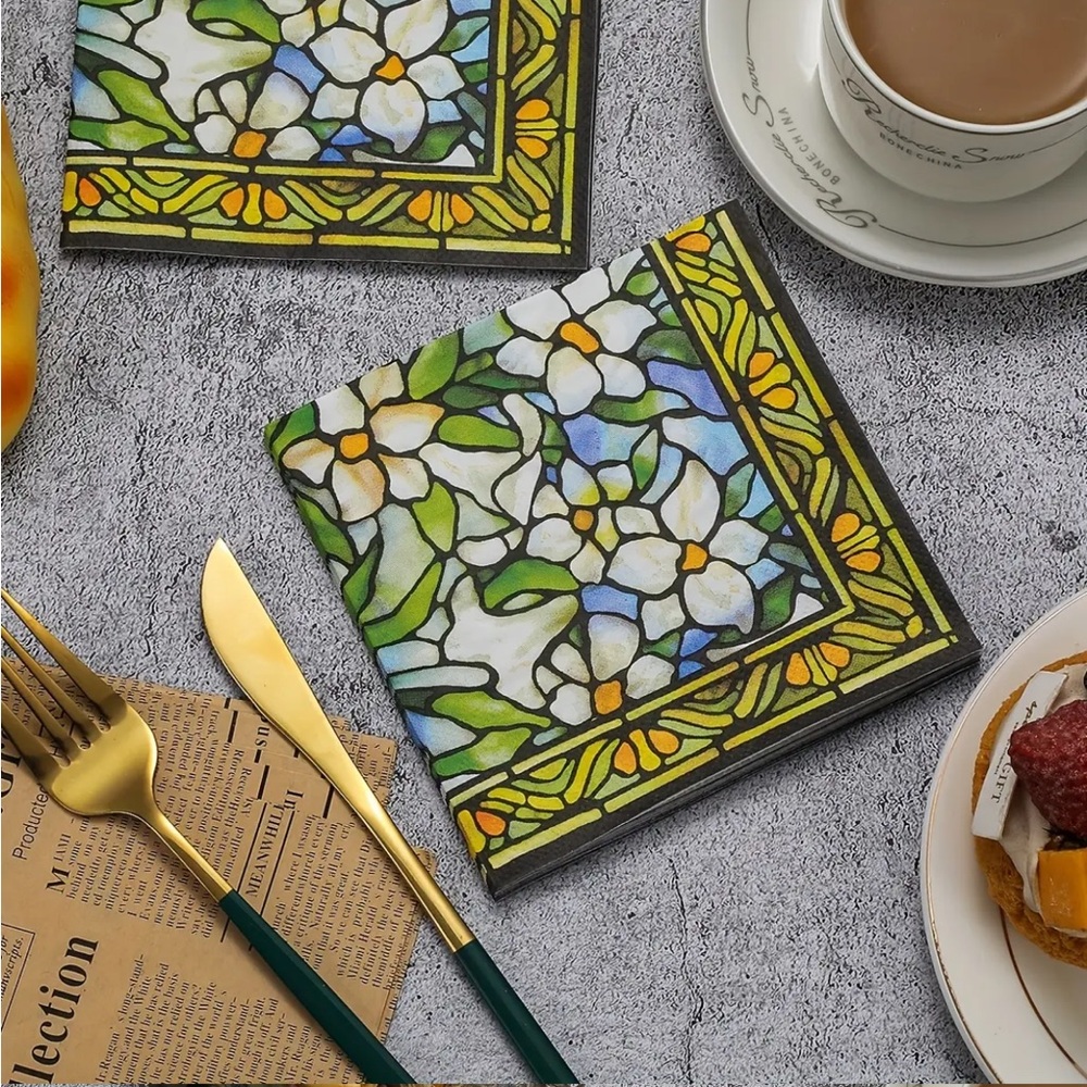 Floral Stained Glass Art Print Cocktail Beverage Paper Napkins, 20 ct - Picture 4 of 5